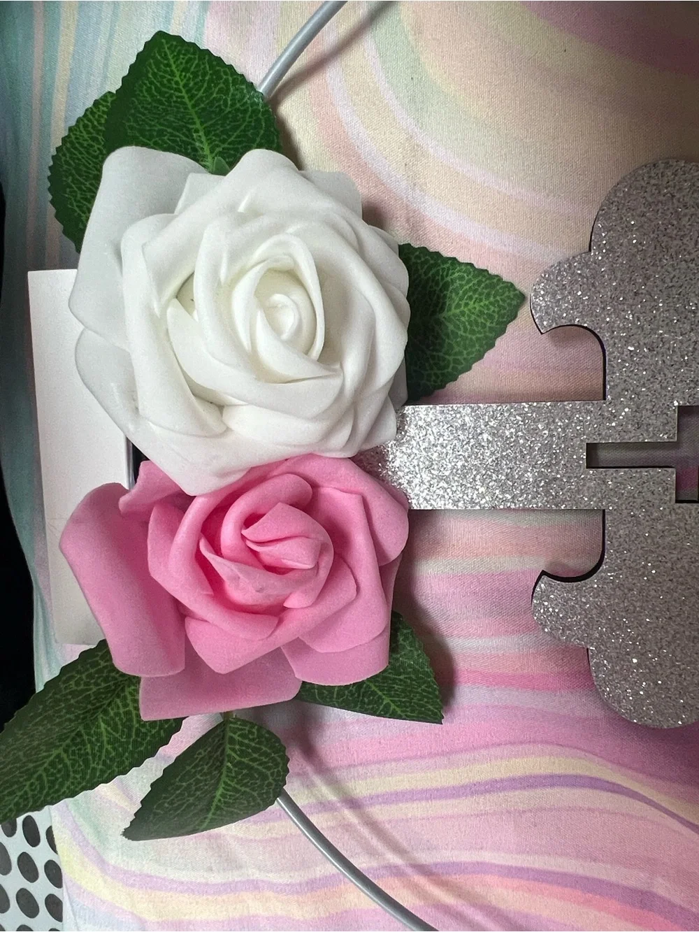 Glitter Cross Hoop Decor with White & Pink Roses